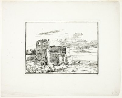 Ruinerade byggnader nära en flodbank, plansch 9 från Quatrieme suite de paysages dessinés et grave a l