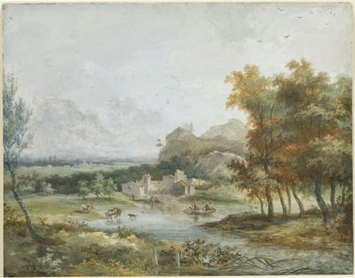 Italienskt landskap med en båtfest av Louis Gabriel Moreau the Elder
