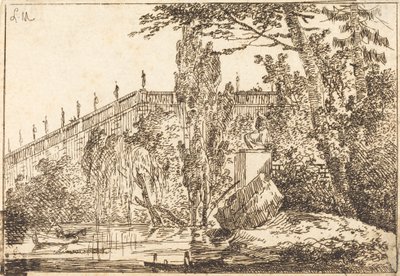 Park med terrass och en balustrad med statyer av Louis Gabriel Moreau the Elder