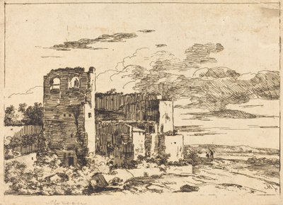 Förstörda byggnader nära en flodbank av Louis Gabriel Moreau the Elder