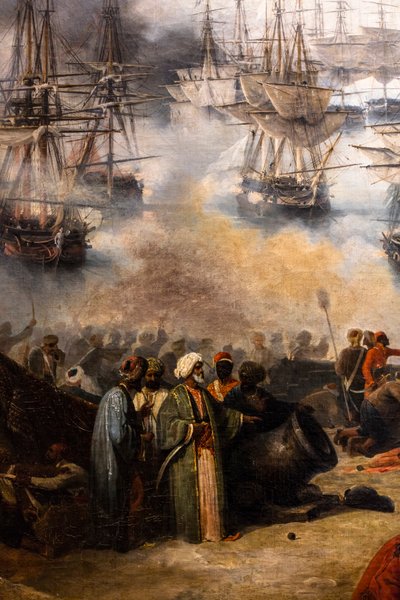 Slaget vid Navarin; vy från sydspetsen av ön Sphacteria av Louis Garneray