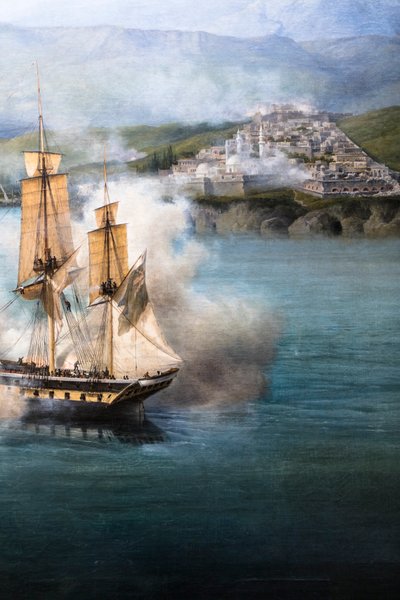 Slaget vid Navarin; vy från sydspetsen av ön Sphacteria av Louis Garneray