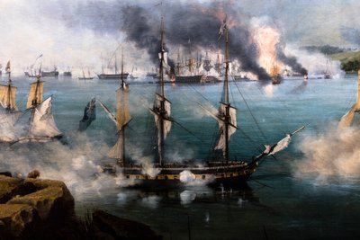 Slaget vid Navarin; vy från sydspetsen av ön Sphacteria av Louis Garneray