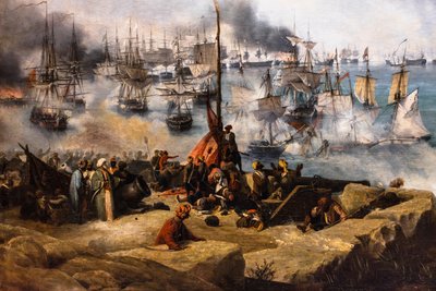 Slaget vid Navarin; vy från sydspetsen av ön Sphacteria av Louis Garneray