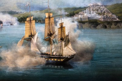 Slaget vid Navarin; vy från sydspetsen av ön Sphacteria av Louis Garneray