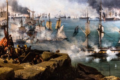 Slaget vid Navarin; vy från sydspetsen av ön Sphacteria av Louis Garneray