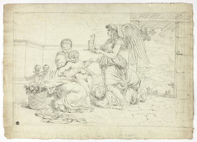 Heliga familjen med ängel bärande ewer (recto); Högra halvan av skiss till lunett (verso) av Louis Gauffier