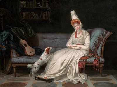 Porträtt av Elizabeth, Lady Webster, senare Lady Holland, i en vit klänning med sin spaniel Pierrot, ca 1795 av Louis Gauffier