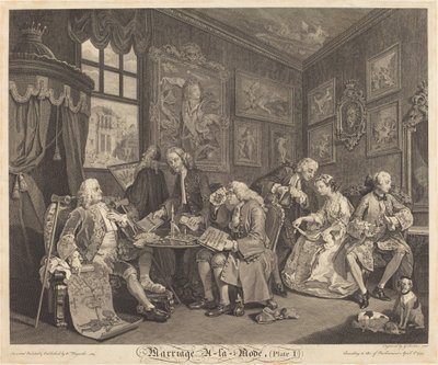 Äktenskap a la Mode: pl.1 av Louis Gerard Scotin after William Hogarth