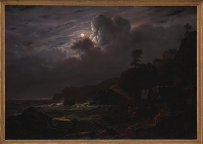 Utsikt över Kullen i Sverige. Smugglare som gömmer sina varor bland klipporna. Månsken av Louis Gurlitt