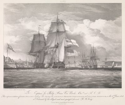 HMS "Shannon" leder sitt pris, den amerikanska fregatten "Chesapeake" (1806), in i Halifax hamn, Nova Scotia, den 6 juni 1813, ca 1815 (litografi) av Louis Haghe