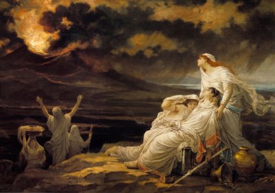 Herculanum (23 augusti 79): den antika staden som förstördes av Vesuvens utbrott och invånarna som kom för att ta sin tillflykt på en kulle - Målning av Louis Hector Leroux (1829-1900) av Louis Hector Leroux
