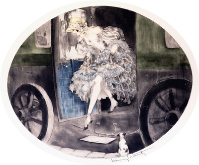 Avstigning från vagnen, ca 1920-1930-talet (etsning och akvatint) av Louis Icart