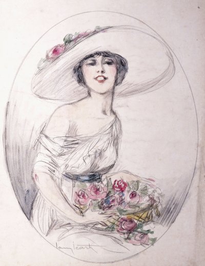 Flicka med bukett blommor av Louis Icart