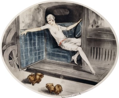 Kvinna i en bil med två pekineser av Louis Icart