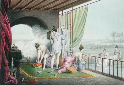 Badande vid deras toalett, publicerad 1824-27 (färg litho) av Louis Jacques Nicolas Schaal