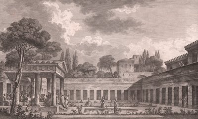 Idealisk rekonstruktion av Villa of Diomedes i Pompeji till dess ursprungliga skick före vulkanutbrottet av Vesuvius 79 AD, Kampanien, Italien, etsning efter teckning av Louis Jean Desprez (1743-1804), ca 21x34 cm av Louis Jean (after) Desprez