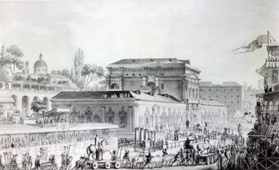 Fornsaker som hittades vid Herculaneum transporteras till Neapelmuseet, ca 1782 (penna, bläck och akvarell på papper) av Louis Jean Desprez