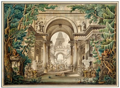 Procession i ett tempel. Scenografi för en teaterpjäs, 1700- eller tidigt 1800-tal av Louis Jean Desprez