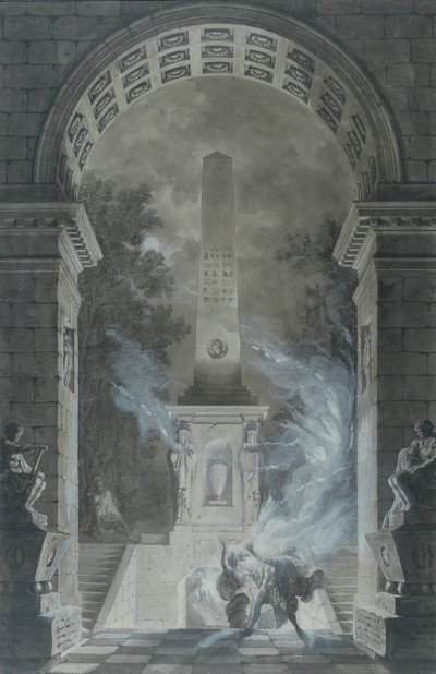 Scen från Semiramis tragedin av Voltaire (1694-1778) (penna & bläck och wc på papper) av Louis Jean Desprez