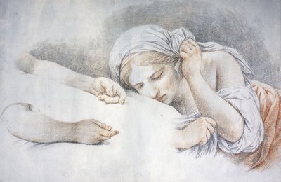 En ung flicka vilar sitt huvud i knäet på en annan flicka, av Louis Jean François Lagrenée