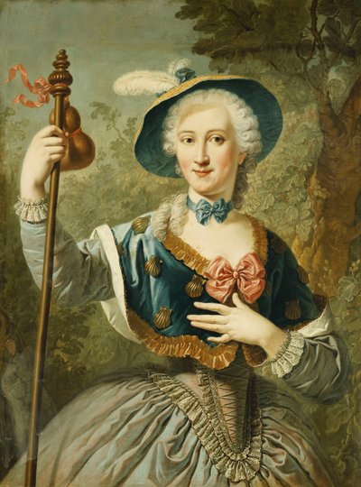 Porträtt av en dam, tre fjärdedels längd, klädd som en pilgrim och bärande en blåfodrad halmhatt och fjäder, 1747 av Louis Jean François Lagrenée