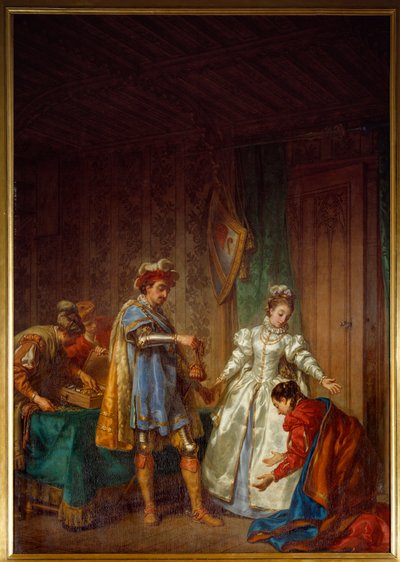 The Continence of Bayard Riddaren Pierre Terrain, Lord of Bayard (1476-1524) ger ett stipendium till en fattig och oskuld flicka så att hon kan gifta sig ärligt av Louis Jean Jacques Durameau