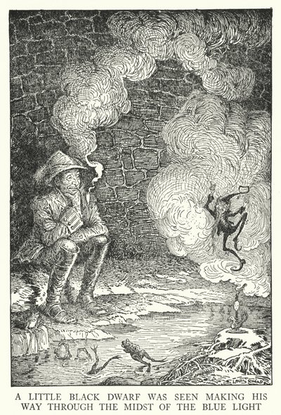 En liten svart dvärg sågs ta sig fram mitt i det blå ljuset (litho) av Louis John Rhead