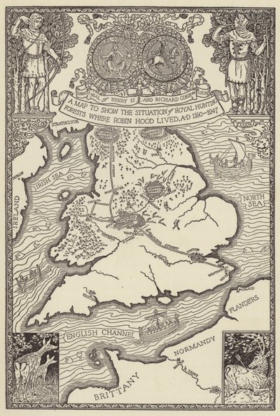 En karta för att visa situationen för Royal Hunting Forests där Robin Hood bodde, AD 1160-1247 av Louis John Rhead