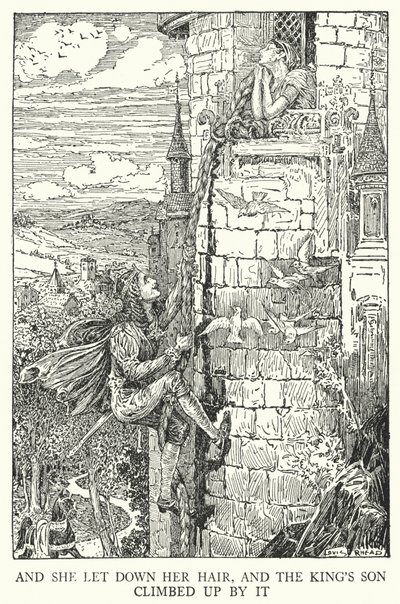 Och hon släppte sitt hår, och kungasonen klättrade upp vid det (litho) av Louis John Rhead