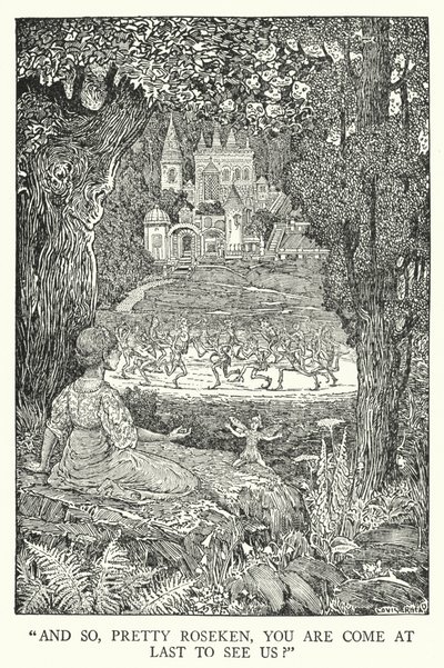 "Och så, vackra Roseken, har du äntligen kommit för att träffa oss?" (litho) av Louis John Rhead