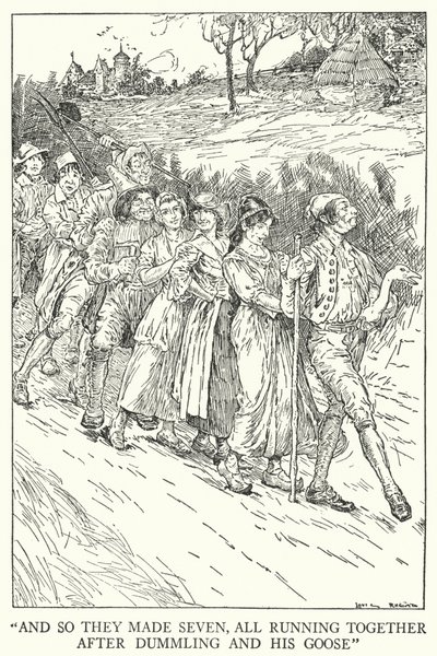 "Och så gjorde de sju, alla sprang tillsammans efter Dummling och hans gås" (litho) av Louis John Rhead
