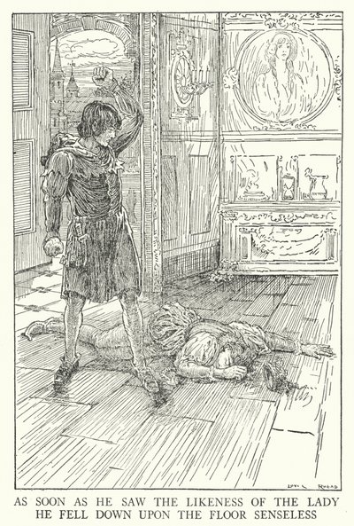 Så fort han såg kvinnans likhet föll han ner på golvet sanslöst (litho) av Louis John Rhead