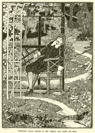 Christian somnar i bersån och tappar sin rulle (gravyr) av Louis John Rhead