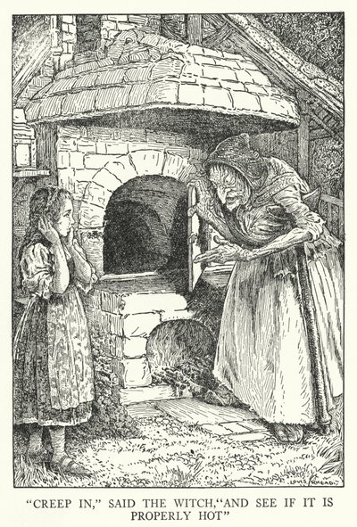 "Kryp in", sa häxan, "och se om det är ordentligt varmt" (litho) av Louis John Rhead
