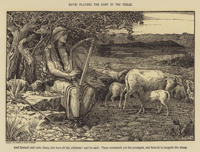 David spelar harpa på fälten av Louis John Rhead