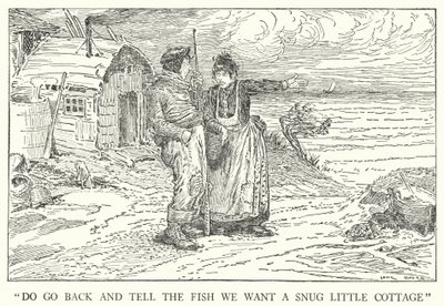 "Gå tillbaka och säg till fisken att vi vill ha en mysig liten stuga" (litho) av Louis John Rhead