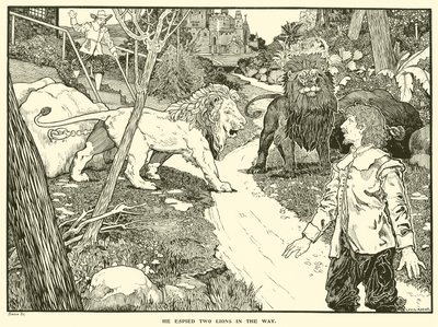 Han spanade två lejon i vägen (gravyr) av Louis John Rhead