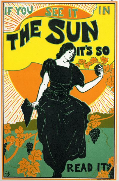 Litteratur. The Sun, tidning. Affisch av Louis Rhead, USA, ca 1890 (affisch) av Louis John Rhead