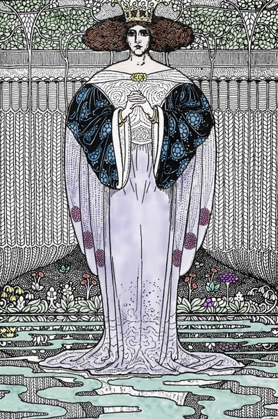 Representation of the Lady of the Lake (Nimue, Viviane) Illustration av Louis Rhead (1858-1926) för "Kung Arthur och hans riddare"" av Louis John Rhead