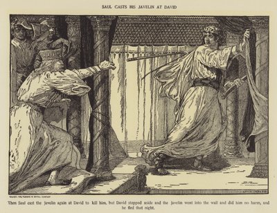 Saul kastar sitt spjut mot David av Louis John Rhead
