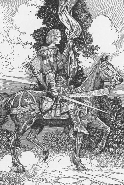 Sir Tristam rider till slottet Tintagil Illustration av Louis Rhead (1858-1926) från "Kung Arthur och hans riddare" 1923 Privat samling av Louis John Rhead