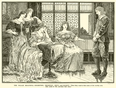Palatset vackert, diskretion, försiktighet, fromhet och välgörenhet (gravyr) av Louis John Rhead