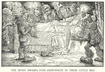 De sju dvärgarna hittar Snövit i sin lilla säng (litho) av Louis John Rhead