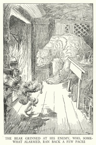 Björnen flinade mot sin fiende, som, något oroad, sprang tillbaka några steg (litho) av Louis John Rhead