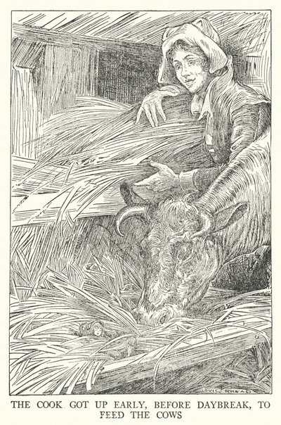 Kocken gick upp tidigt, innan det började gry, för att mata korna (litho) av Louis John Rhead