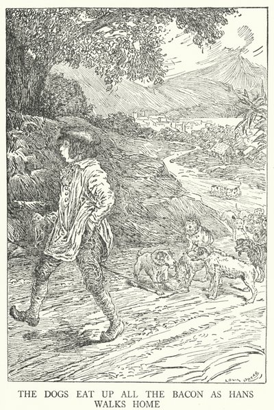 Hundarna äter upp allt bacon när Hans går hem (litho) av Louis John Rhead