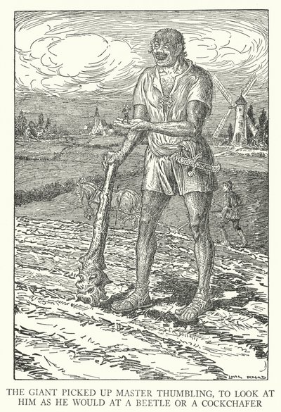 Jätten tog upp Master Thumbling för att titta på honom som han skulle på en skalbagge eller en cockchafer (litho) av Louis John Rhead