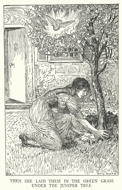 Hon lade dem i det gröna gräset under enbärsträdet (litho) av Louis John Rhead