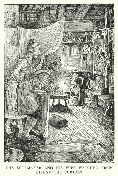 Skomakaren och hans fru tittade bakom gardinen (litho) av Louis John Rhead